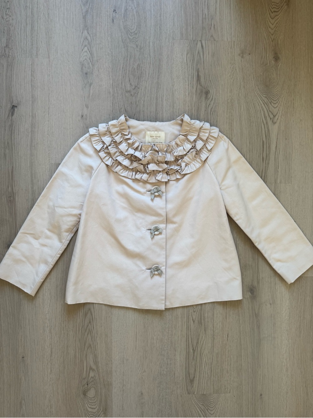 Kate Spade Ruffle Collar Bow Button Light Beige Women's A Line Cropped Jacket
